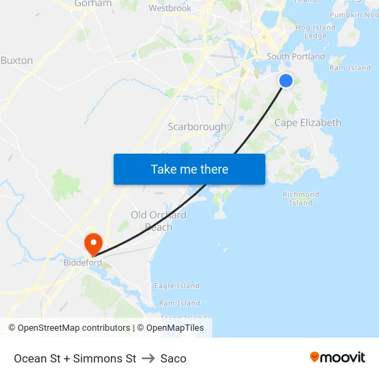 Ocean St + Simmons St to Saco map
