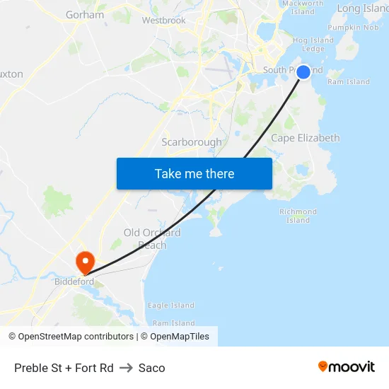 Preble St + Fort Rd to Saco map