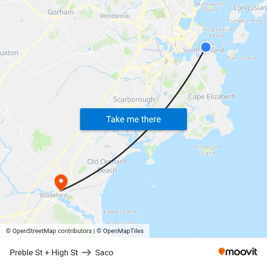 Preble St + High St to Saco map