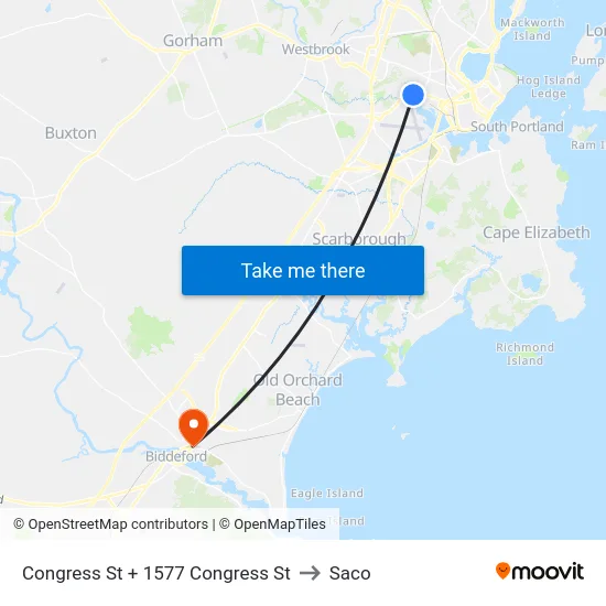 Congress St + 1577 Congress St to Saco map