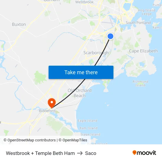 Westbrook + Temple Beth Ham to Saco map