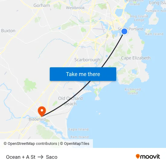 Ocean + A St to Saco map