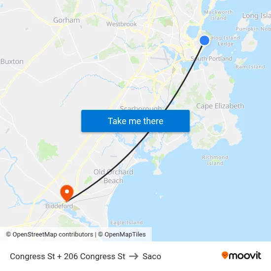 Congress St + 206 Congress St to Saco map
