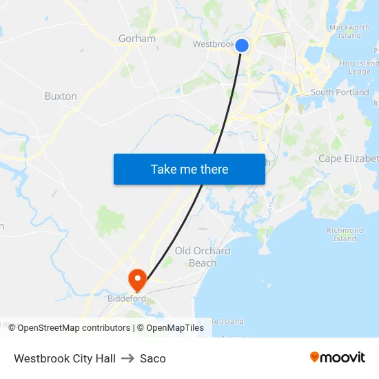 Westbrook City Hall to Saco map