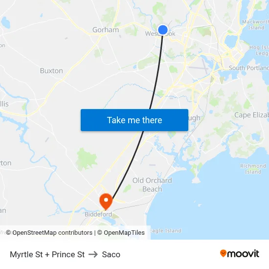 Myrtle St + Prince St to Saco map
