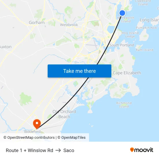 Route 1 + Winslow Rd to Saco map
