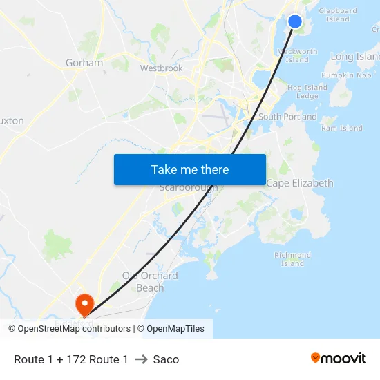 Route 1 + 172 Route 1 to Saco map