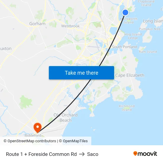 Route 1 + Foreside Common Rd to Saco map