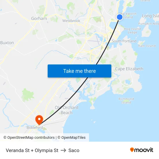 Veranda St + Olympia St to Saco map