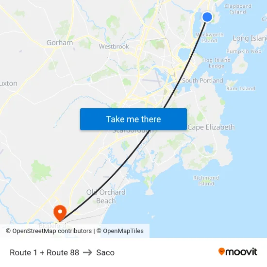 Route 1 + Route 88 to Saco map