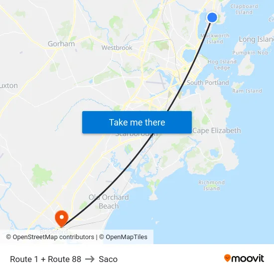 Route 1 + Route 88 to Saco map