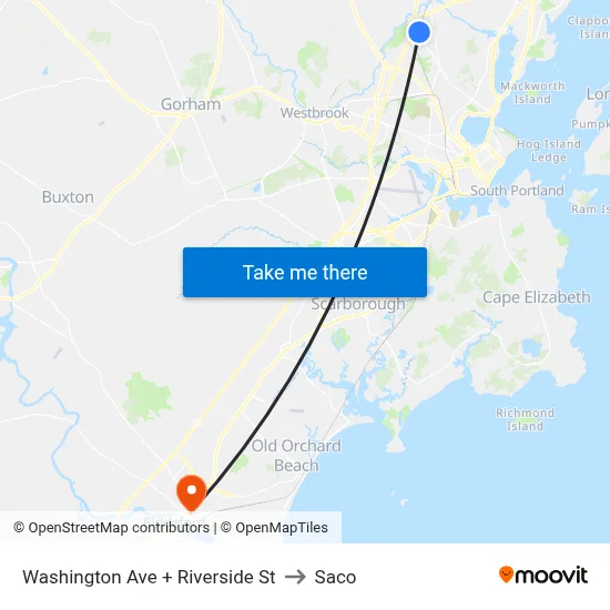 Washington Ave + Riverside St to Saco map