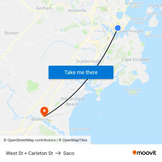 West St + Carleton St to Saco map