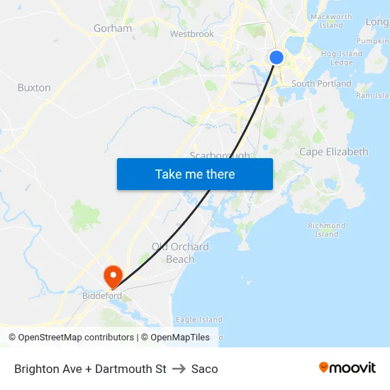Brighton Ave + Dartmouth St to Saco map