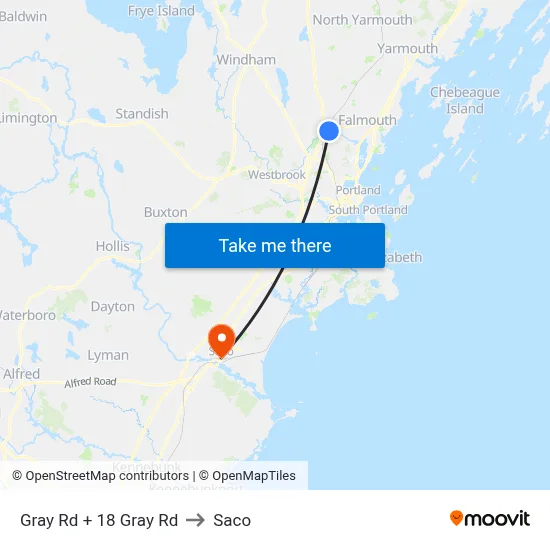 Gray Rd + 18 Gray Rd to Saco map
