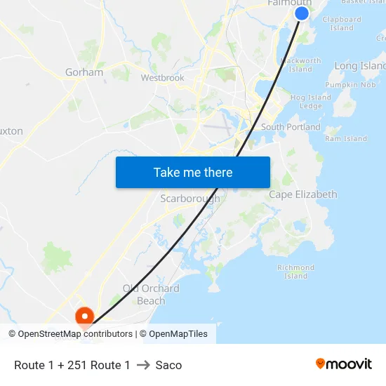 Route 1 + 251 Route 1 to Saco map