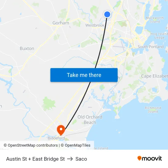 Austin St + East Bridge St to Saco map