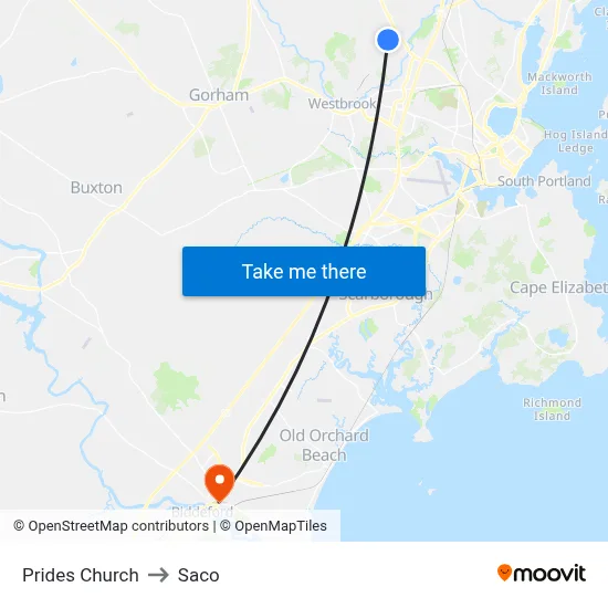 Prides Church to Saco map