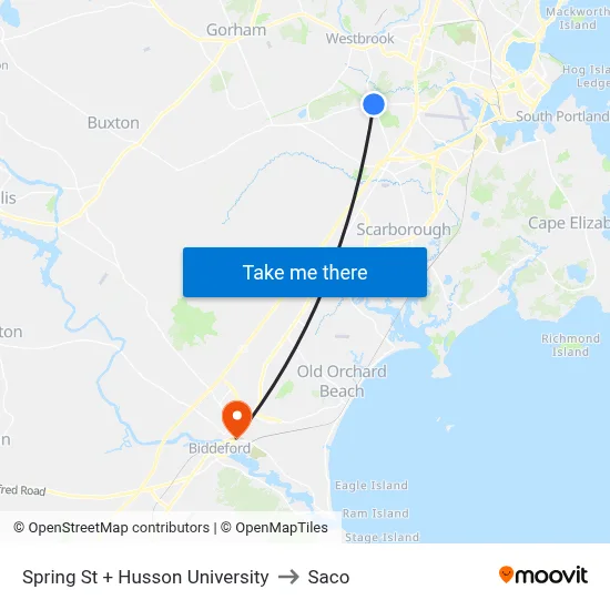 Spring St + Husson University to Saco map