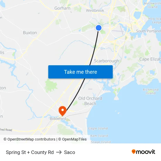 Spring St + County Rd to Saco map