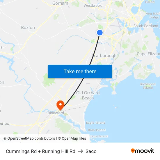 Cummings Rd + Running Hill Rd to Saco map