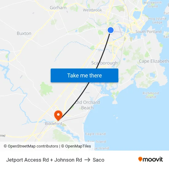 Jetport Access Rd + Johnson Rd to Saco map