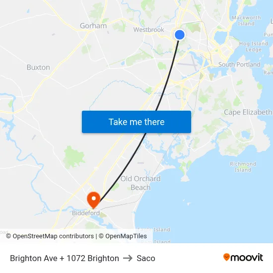 Brighton Ave + 1072 Brighton to Saco map