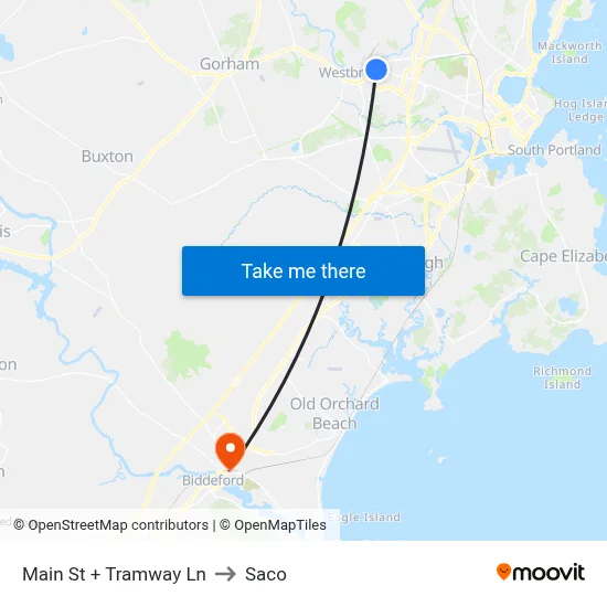 Main St + Tramway Ln to Saco map