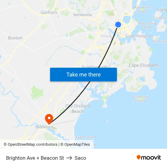 Brighton Ave + Beacon St to Saco map
