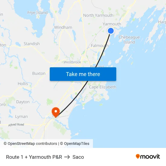 Route 1 + Yarmouth P&R to Saco map