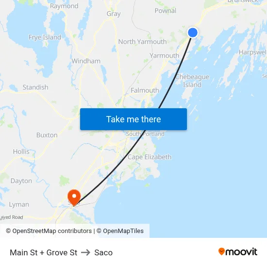 Main St + Grove St to Saco map