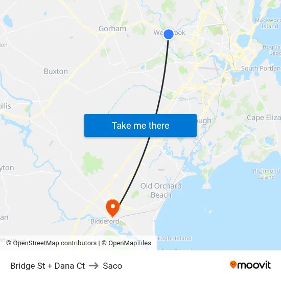 Bridge St + Dana Ct to Saco map