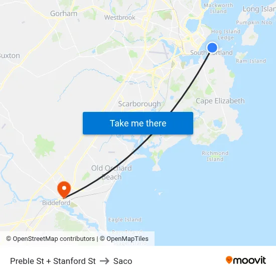 Preble St + Stanford St to Saco map