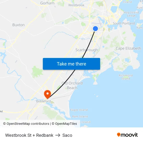 Westbrook St + Redbank to Saco map