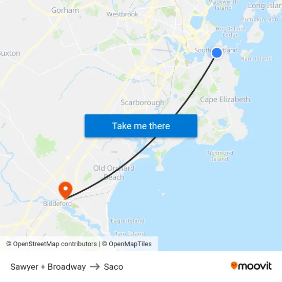 Sawyer + Broadway to Saco map