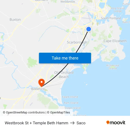 Westbrook St + Temple Beth Hamm to Saco map