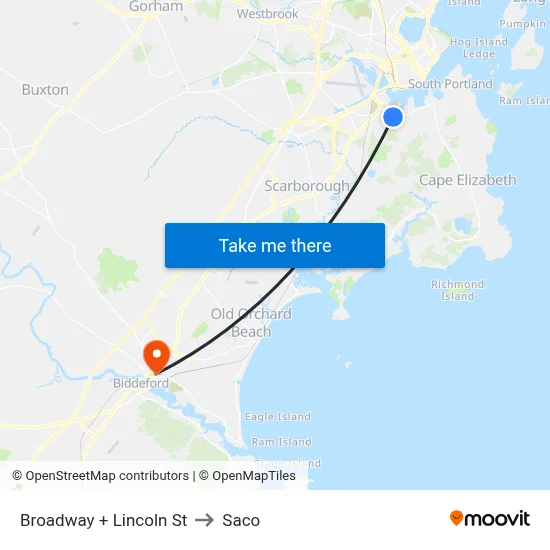 Broadway + Lincoln St to Saco map