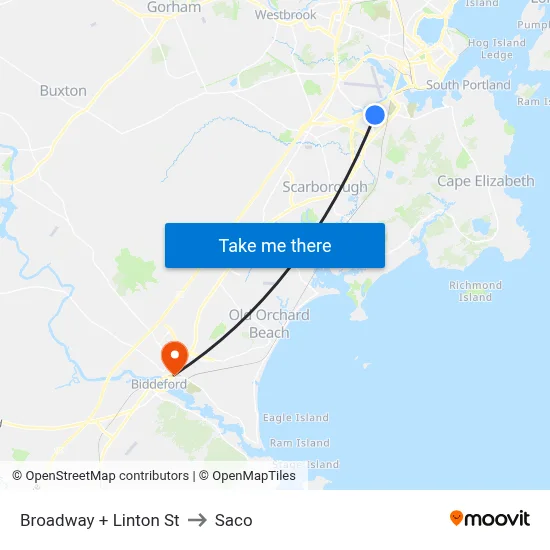 Broadway + Linton St to Saco map