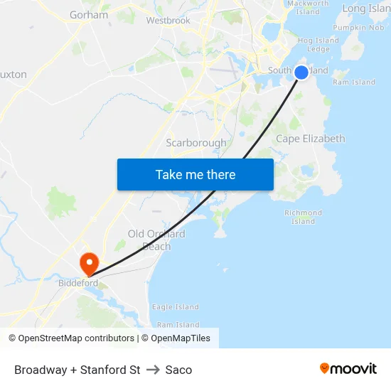 Broadway + Stanford St to Saco map