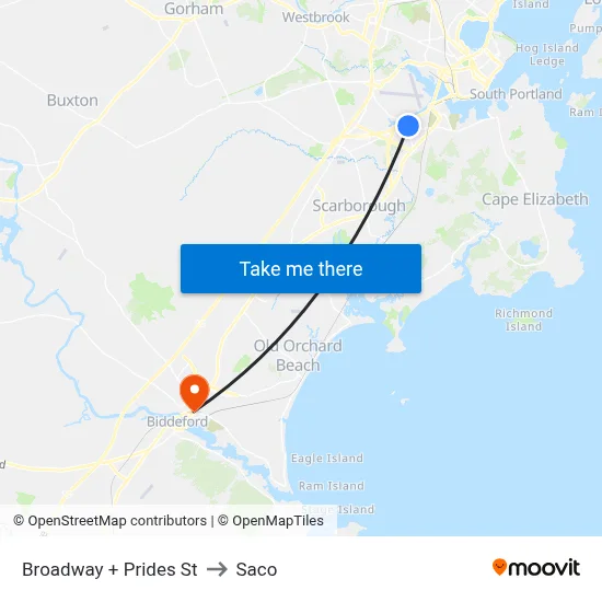 Broadway + Prides St to Saco map