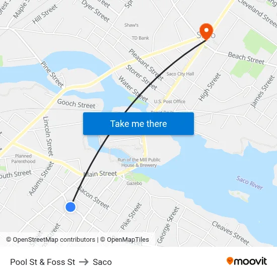 Pool St & Foss St to Saco map