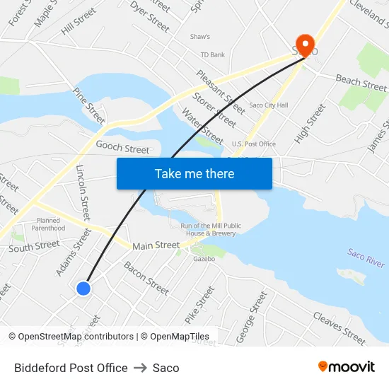 Biddeford Post Office to Saco map
