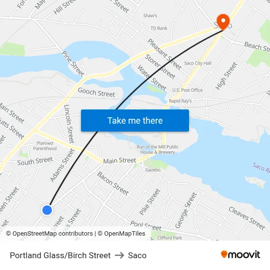 Portland Glass/Birch Street to Saco map