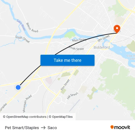Pet Smart/Staples to Saco map