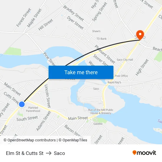 Elm St & Cutts St to Saco map