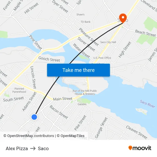 Alex Pizza to Saco map
