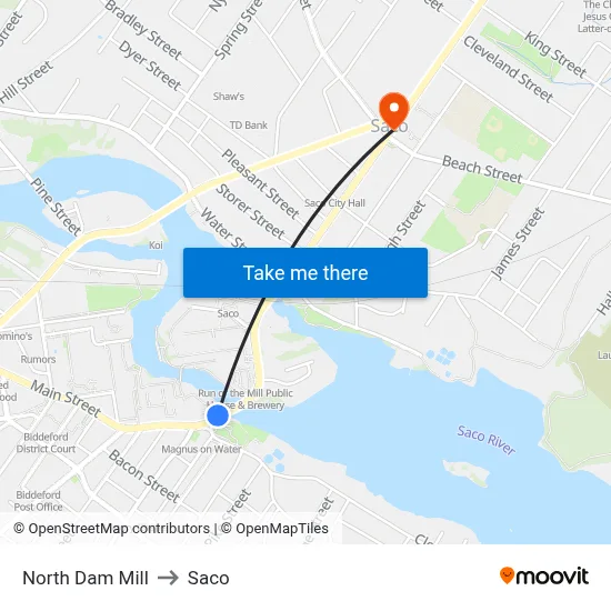 North Dam Mill to Saco map
