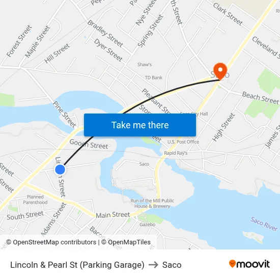 Lincoln & Pearl St (Parking Garage) to Saco map