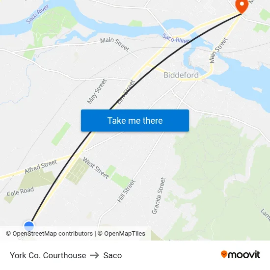 York Co. Courthouse to Saco map