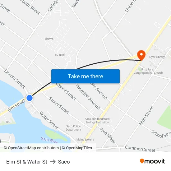 Elm St & Water St to Saco map